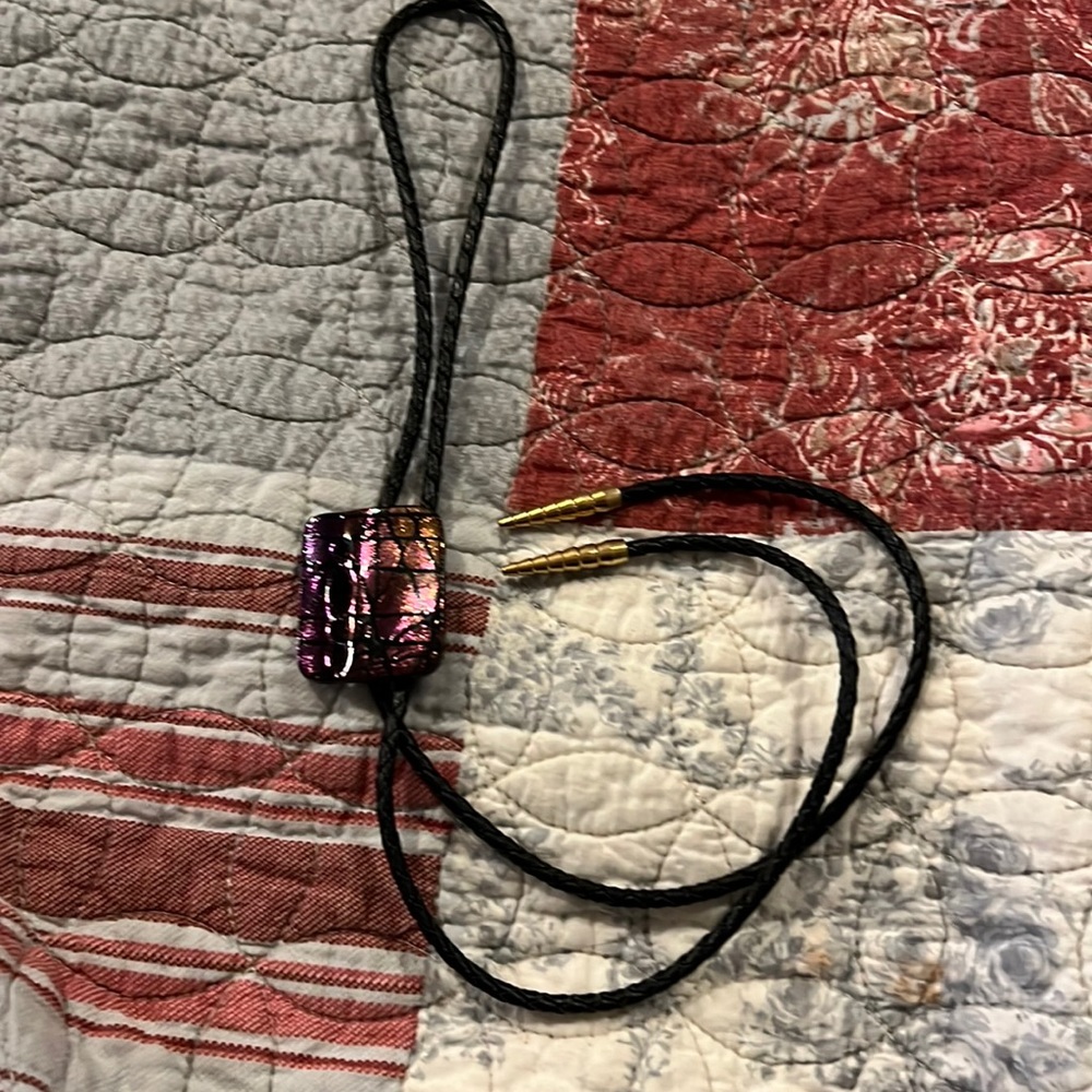 Handmade blown glass bolo tie black purple